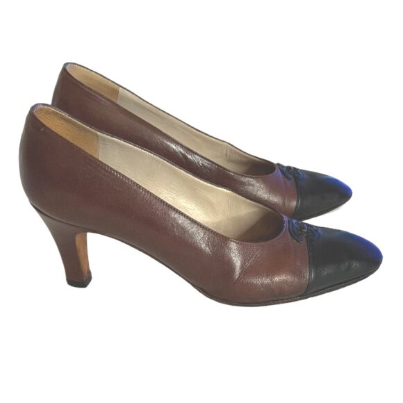 Chanel Brown, Black Leather Cap Toe CC Logo Contrasting Color Pumps 3 5.5 - Picture 2 of 11